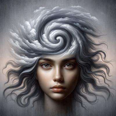 The primary subject of the image is a woman with long hair, who is the main focus of the scene. She has a unique and artistic appearance, with her hair styled in a way that resembles a swirl or a cloud. The setting is a cloudy sky, which serves as the backdrop for the woman's hair. The visual style of the image is a combination of digital art and illustration, creating a striking and eye-catching portrait. The colors in the image are predominantly grays and bl
